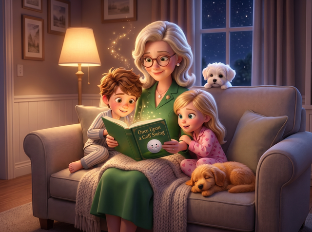 Read-Along Storybook — grandma reads to two children and their dog